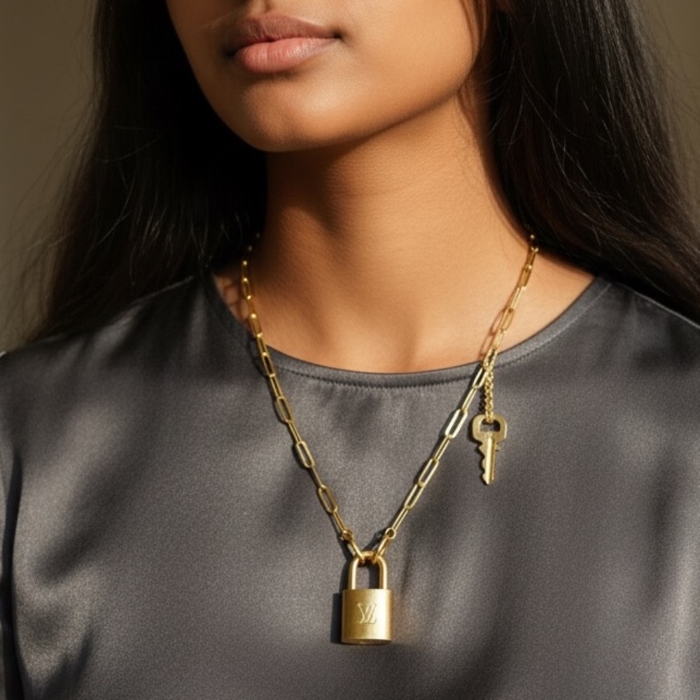 LOUIS VUITTON Lock & Key w/Unbranded Gold-Over-925-Silver  Paperclip Chain ✨NEW✨ - Picture 4 of 12
